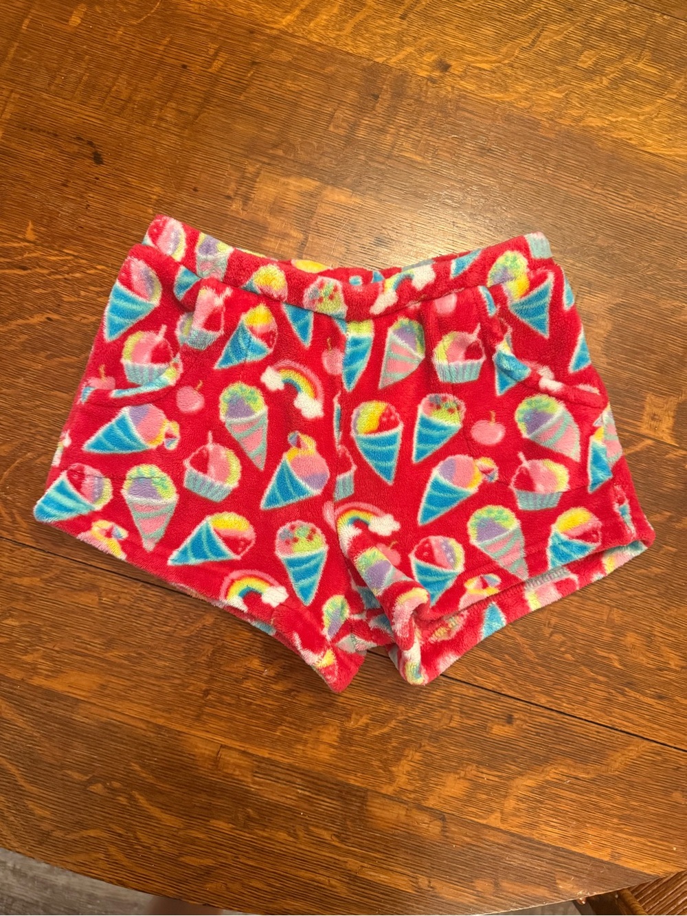 Candy Pink Red Fleece Pajama Shorts with Rainbow Ice Cream Print